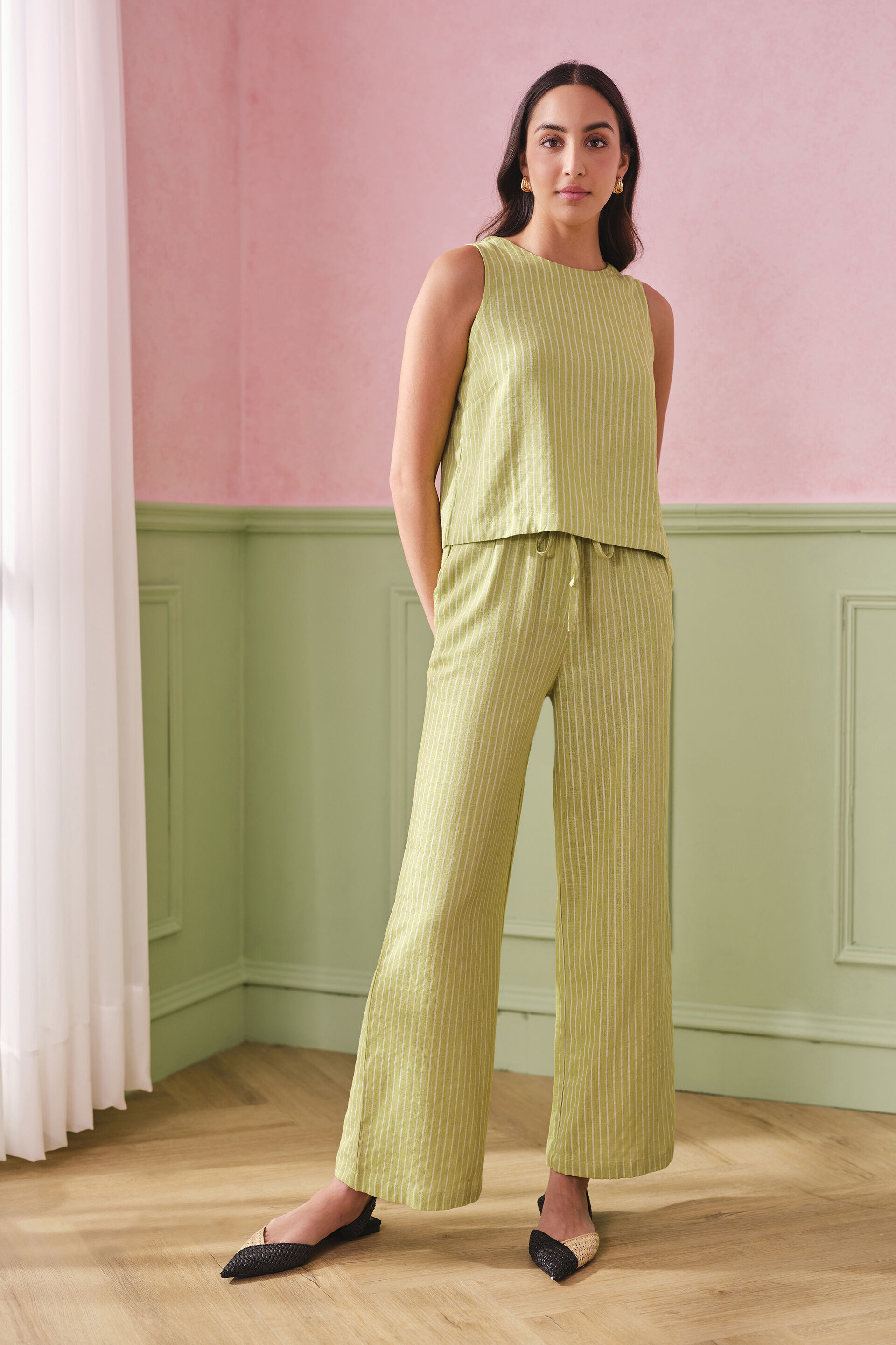 Electric Lime Linen Blend Co-ords, Green, image 1